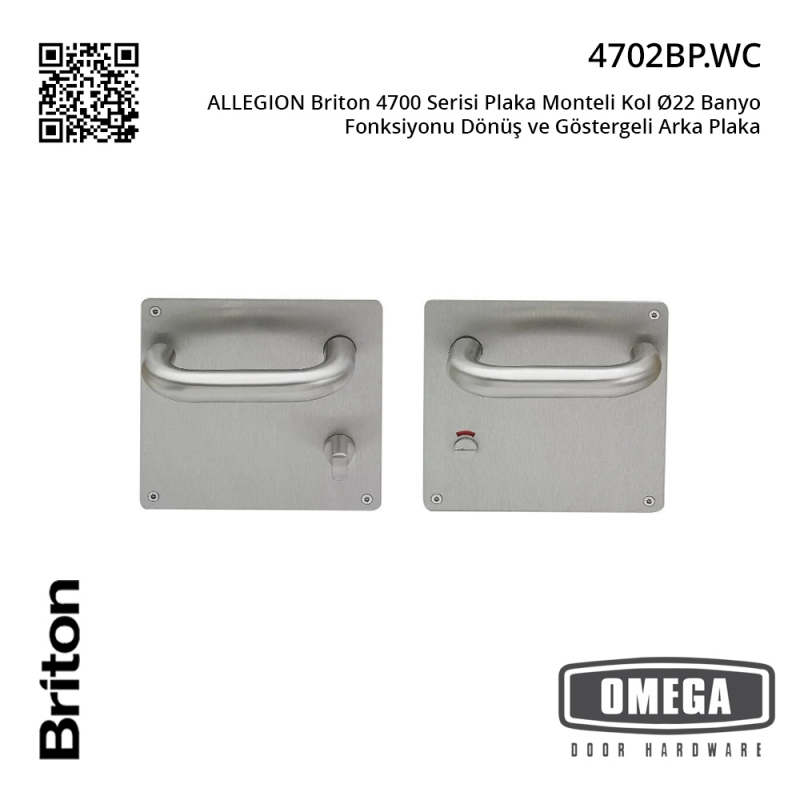 ALLEGION Briton 4700 Serisi Plaka Monteli Kol Ø22 Banyo Fonksiyonu Dönüş ve Göstergeli Arka Plaka